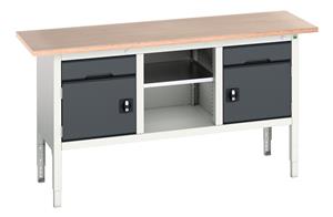 verso adj. height storage bench (mpx) with 1 drwr-cbd / mid shelf / 1 drwr-cbd. WxDxH: 1750x600x830-930mm. RAL 7035/5010 or selected Verso Height Adjustable Work Storage and Packing Benches